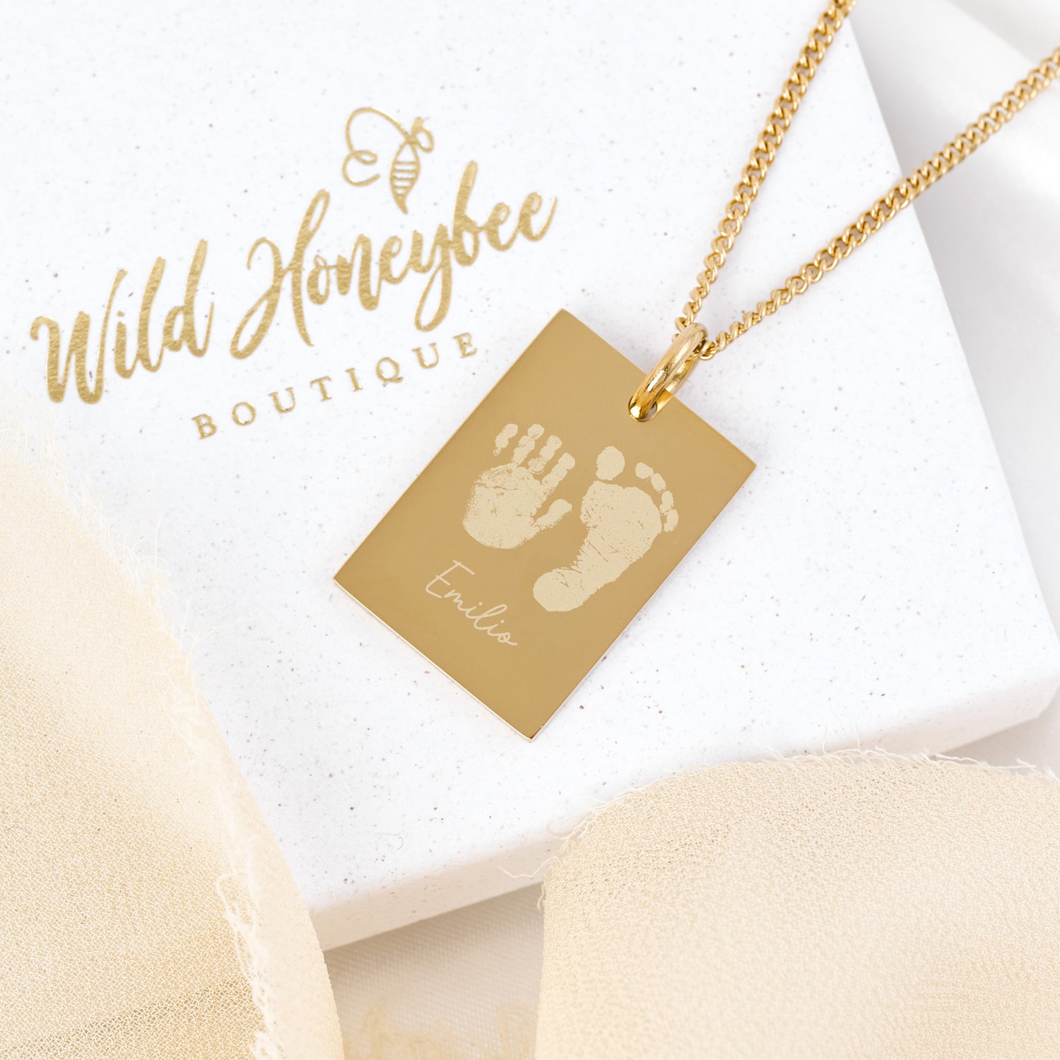 Jessica Rectangle Gold Handprint / Footprint Necklace