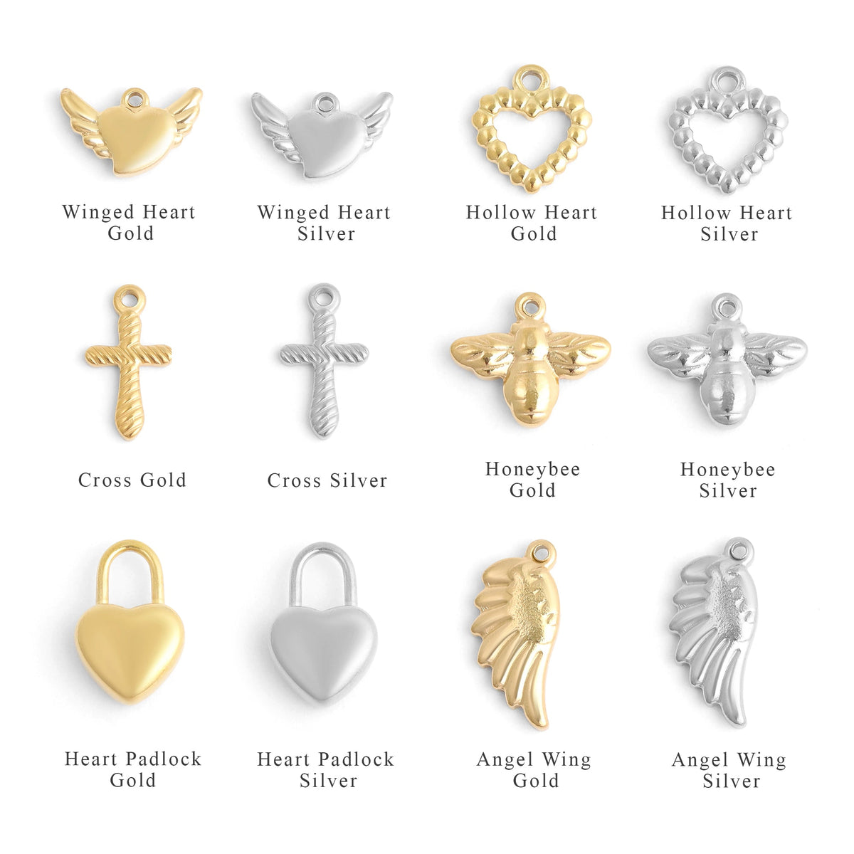 Add-on charm options in gold and silver
