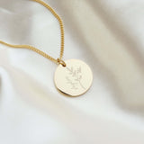 Disc shaped birth flower necklace in gold