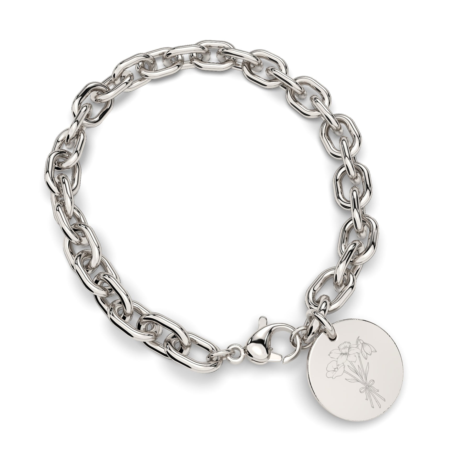 Amelia Disc Silver Birth Flower Link Bracelet [engraver]