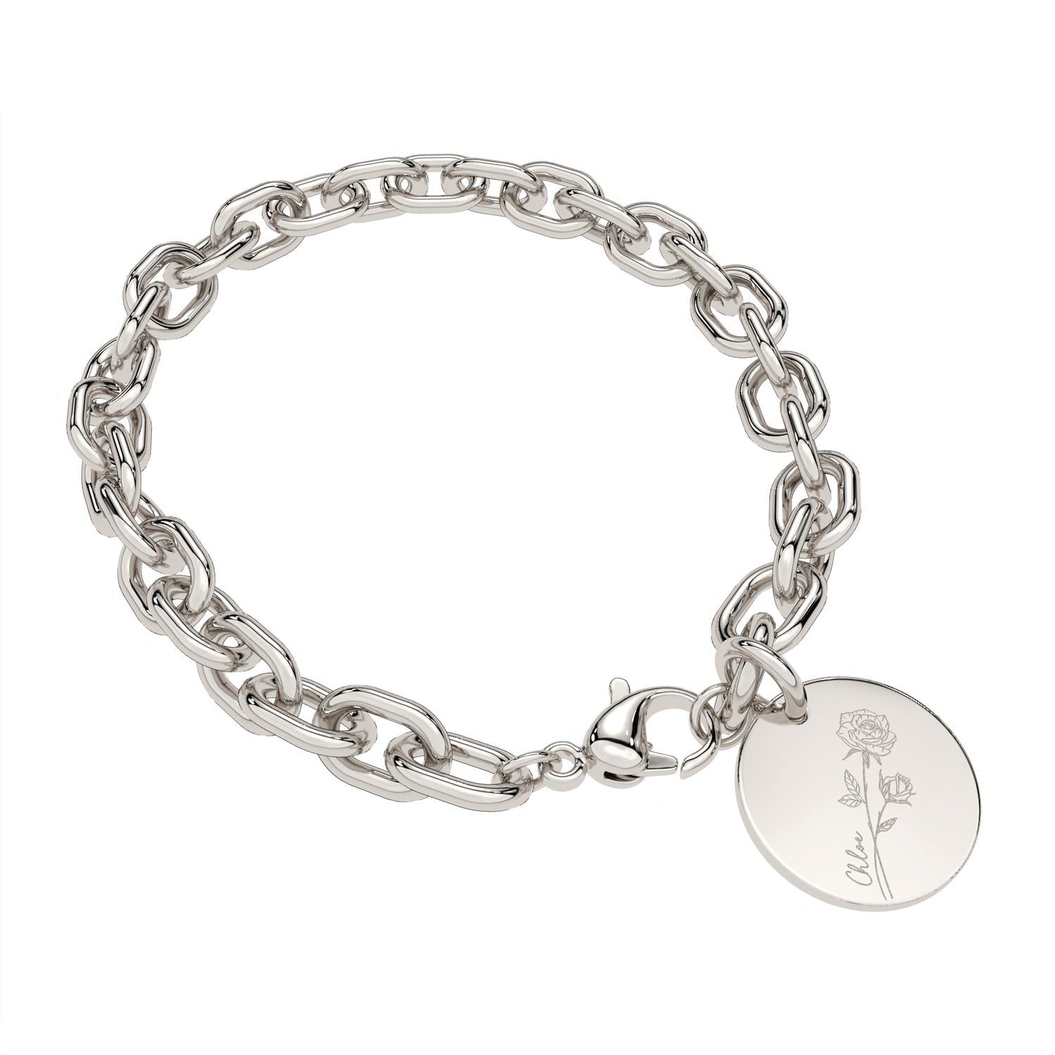 Amelia Disc Silver Birth Flower Link Bracelet