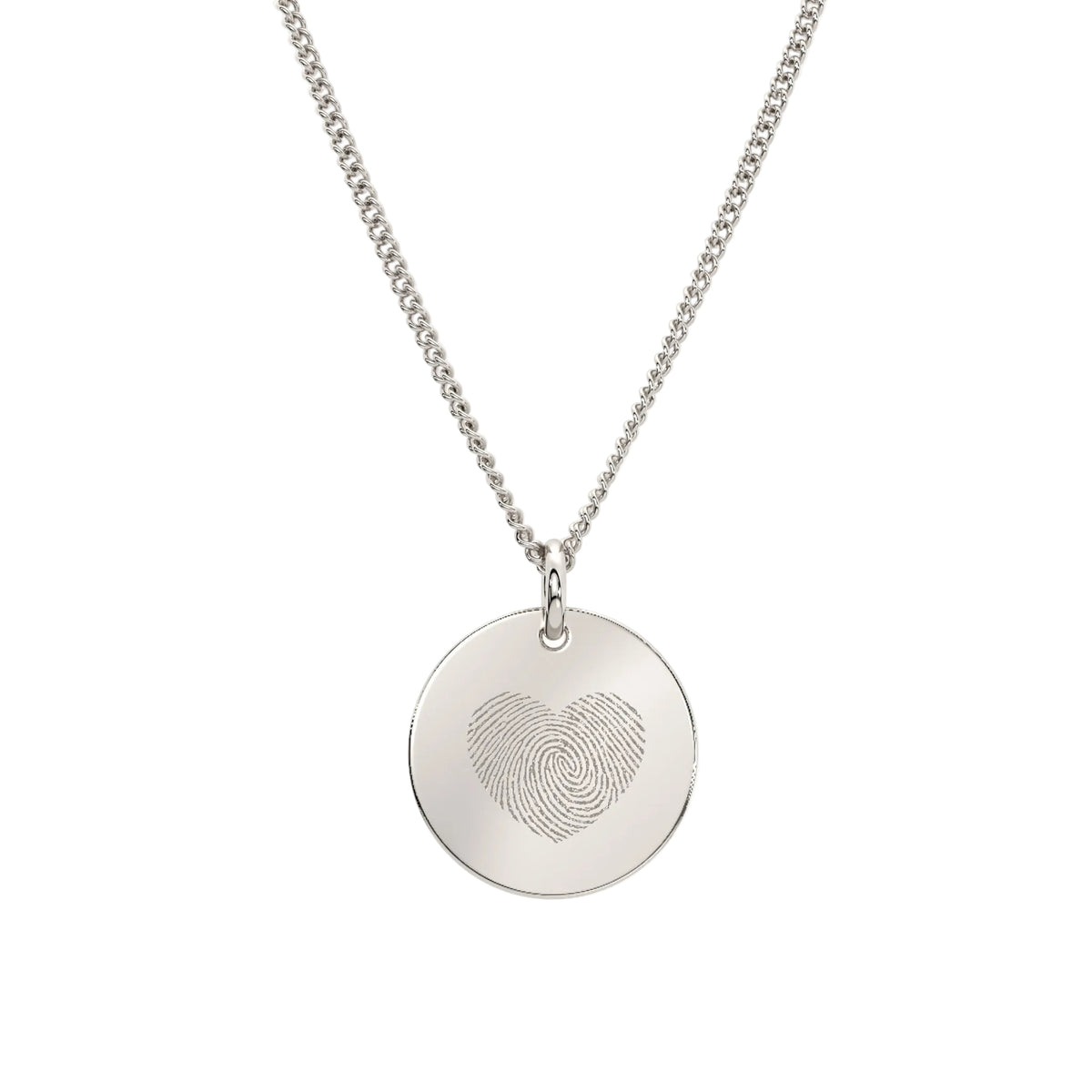 Silver necklace with a round pendant featuring a fingerprint design on a white background