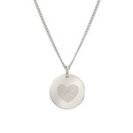 Silver necklace with a round pendant featuring a fingerprint design on a white background
