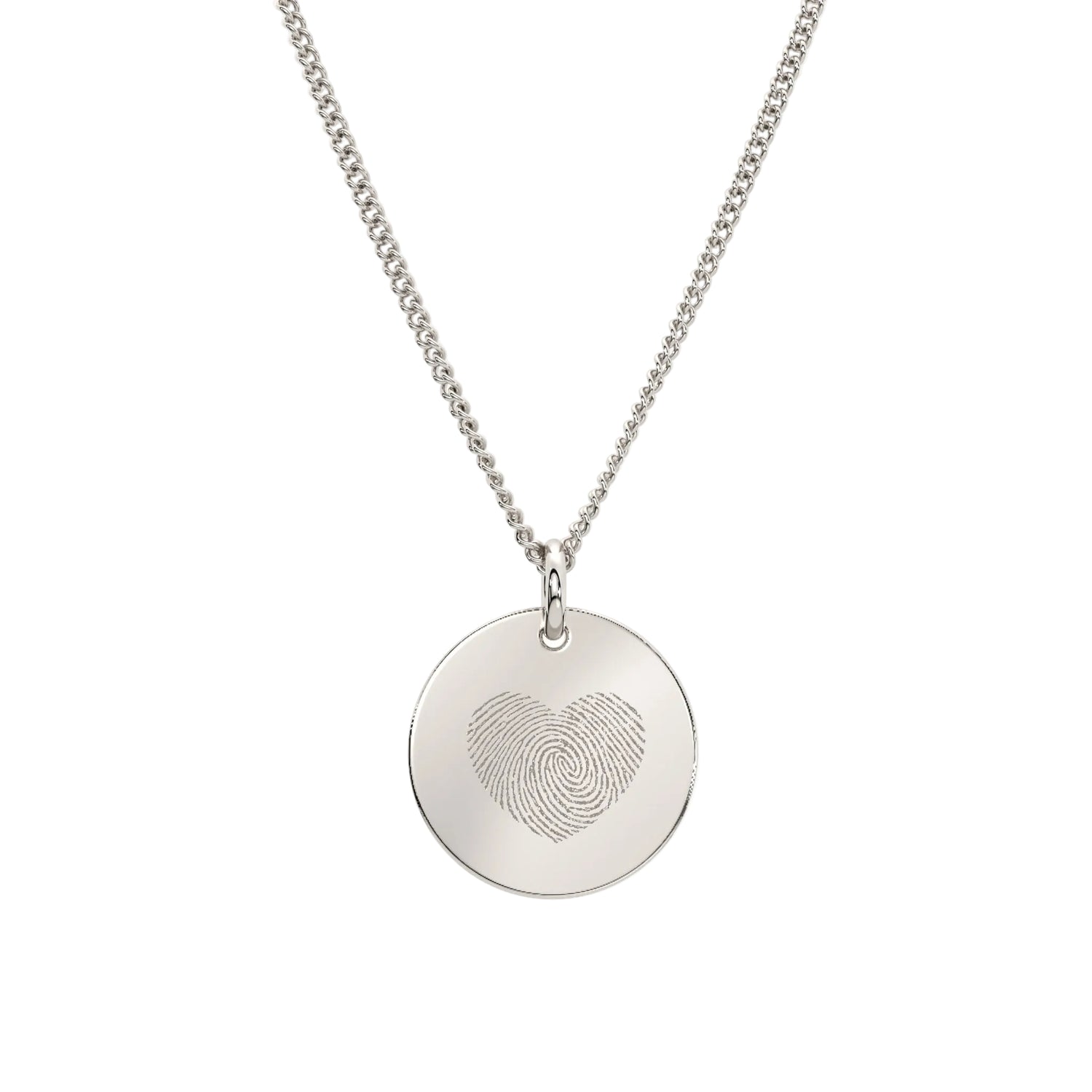 Silver necklace with a round pendant featuring a fingerprint design on a white background