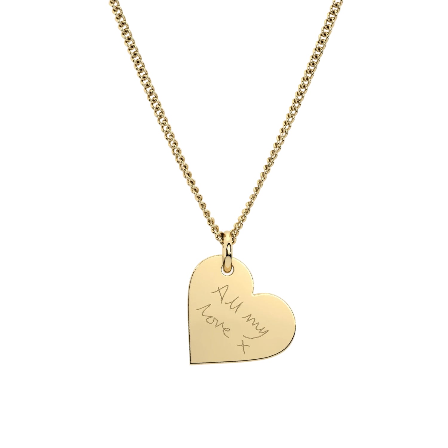 Gold heart-shaped pendant necklace with 'All my love x' engraving on a white background