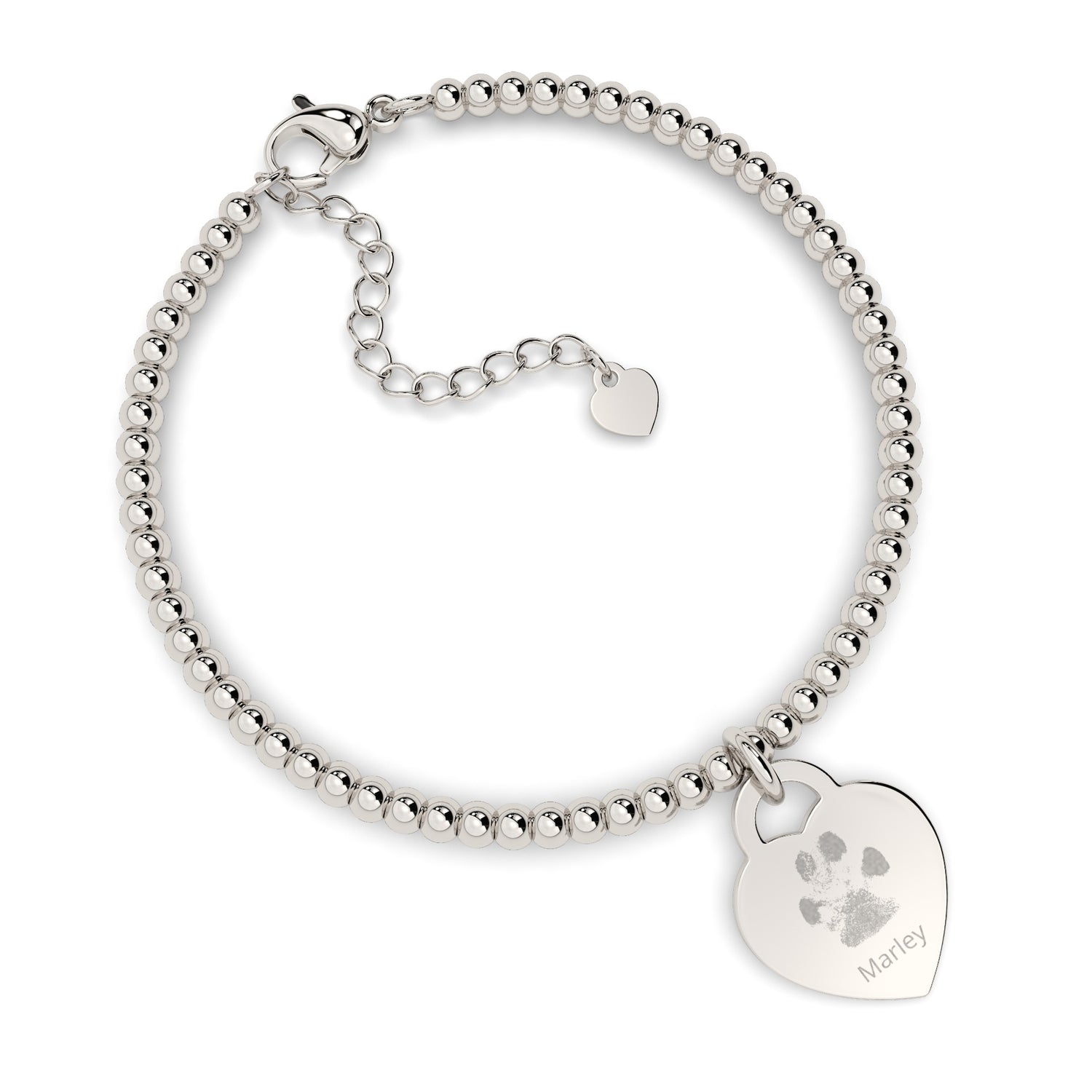 Lucy Heart Silver Paw Print / Nose Print Bead Bracelet [engraver]