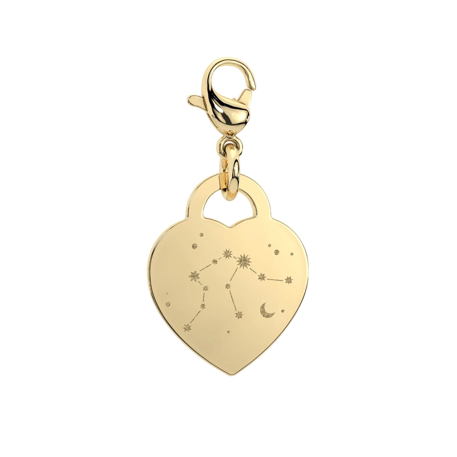 Gold heart-shaped pendant with star constellations on a white background