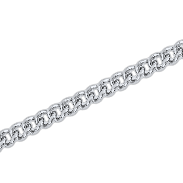 Curb chain in silver, close up of the flat interlocking links