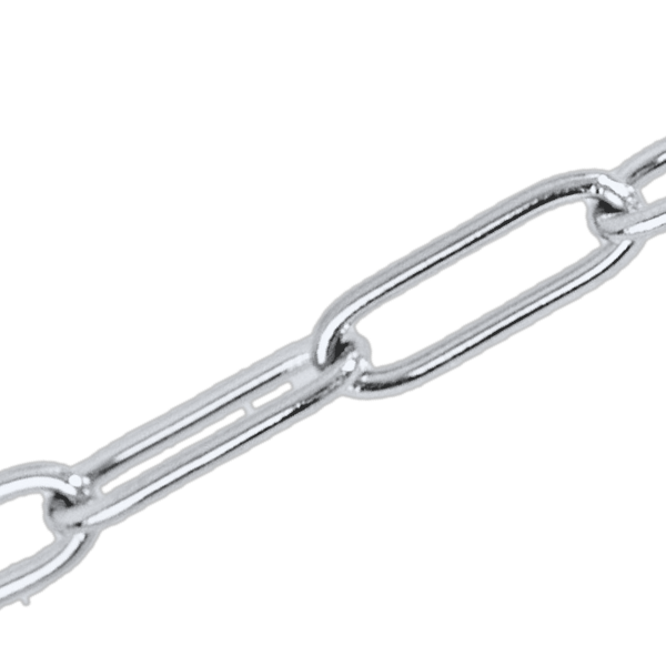 Paperclip chain in silver, close up of the long rectangular links